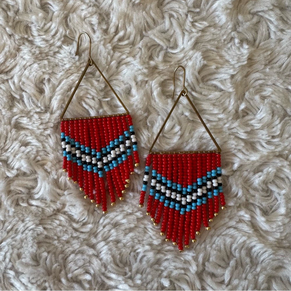 Handcrafted Beaded Earrings - Red, Blue, White